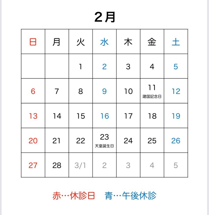 ?今月の診療日です祝日の2月11日(金)・23日(水)は通常通り診療致します